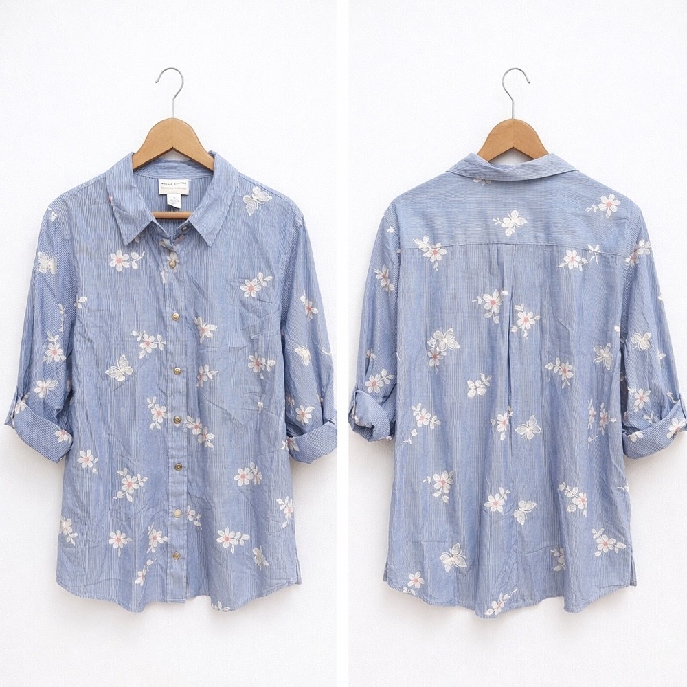 Alfred Dunner Woman 1X Blue White Striped Embroidered Butterfly Floral Shirt 3/4
